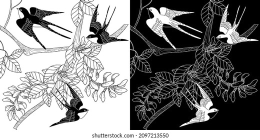 Art therapy coloring page. Birds and flowers hand drawn in vintage style . The art of linear engraving. Bird concept. Romantic concept.