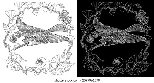 Art therapy coloring page. Birds and flowers hand drawn in vintage style . The art of linear engraving. Bird concept. Romantic concept.