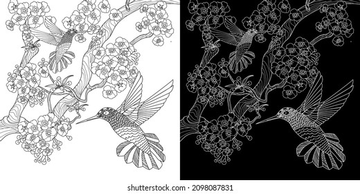 Art therapy coloring page. Birds and flowers hand drawn in vintage style . The art of linear engraving. Bird concept. Romantic concept.