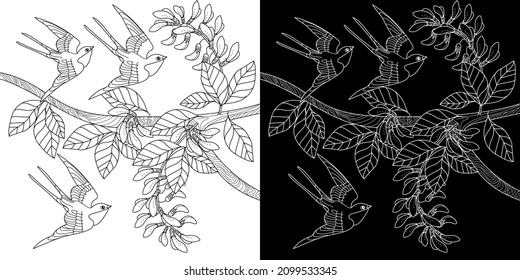 Art therapy coloring page. Birds and flowers hand drawn in vintage style . The art of linear engraving. Bird concept. Romantic concept.