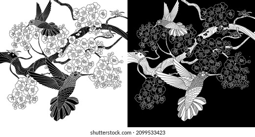 Art therapy coloring page. Birds and flowers hand drawn in vintage style . The art of linear engraving. Bird concept. Romantic concept.