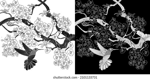 Art therapy coloring page. Birds and flowers hand drawn in vintage style . The art of linear engraving. Bird concept. Romantic concept.