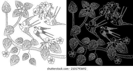Art therapy coloring page. Birds and flowers hand drawn in vintage style . The art of linear engraving. Bird concept. Romantic concept.