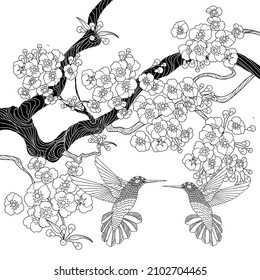 Art therapy coloring page. Birds and flowers hand drawn in vintage style . The art of linear engraving. Bird concept. Romantic concept.
