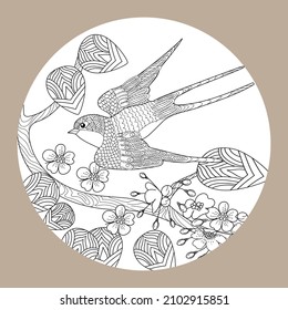 Art therapy coloring page. Birds and flowers hand drawn in vintage style . The art of linear engraving. Bird concept. Romantic concept.