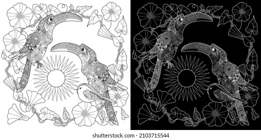 Art therapy coloring page. Birds and flowers hand drawn in vintage style . The art of linear engraving. Bird concept. Romantic concept.