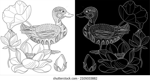 Art therapy coloring page. Birds and flowers hand drawn in vintage style . The art of linear engraving. Bird concept. Romantic concept.