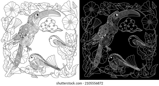 Art therapy coloring page. Birds and flowers hand drawn in vintage style . The art of linear engraving. Bird concept. Romantic concept.
