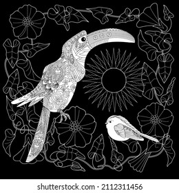 Art therapy coloring page. Birds hand drawn in vintage style with flowers. Toucan and flowers. The art of linear engraving. Romantic concept.