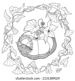 Art therapy coloring page. Birds and flowers hand drawn in vintage style . The art of linear engraving. Bird concept. Romantic concept.
