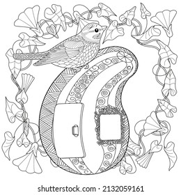 Art therapy coloring page. Birds and flowers hand drawn in vintage style . The art of linear engraving. Bird concept. Romantic concept.
