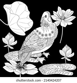 Art therapy coloring page. Birds hand drawn in vintage style with flowers. Asian duck and lilies. The art of linear engraving. Bird concept. Romantic concept.
