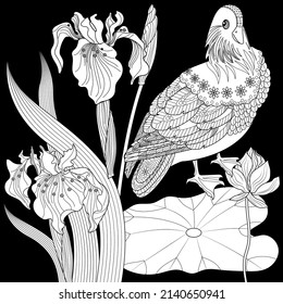 Art therapy coloring page. Birds hand drawn in vintage style with flowers. Asian duck and lilies. The art of linear engraving. Bird concept. Romantic concept.
