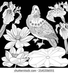 Art therapy coloring page. Birds hand drawn in vintage style with flowers. Asian duck and lilies. The art of linear engraving. Bird concept. Romantic concept.
