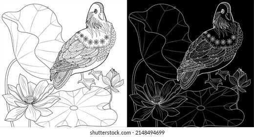 Art therapy coloring page. Birds hand drawn in vintage style with flowers. Asian duck and lilies. The art of linear engraving. Bird concept. Romantic concept.
