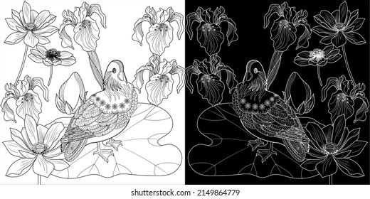 Art therapy coloring page. Birds hand drawn in vintage style with flowers. Asian duck and lilies. The art of linear engraving. Bird concept. Romantic concept.
