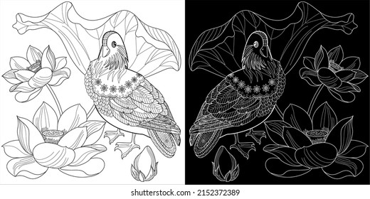 Art therapy coloring page. Birds hand drawn in vintage style with flowers. Asian duck and lilies. The art of linear engraving. Bird concept. Romantic concept.
