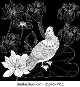 Art therapy coloring page. Birds hand drawn in vintage style with flowers. Asian duck and lilies. The art of linear engraving. Bird concept. Romantic concept.