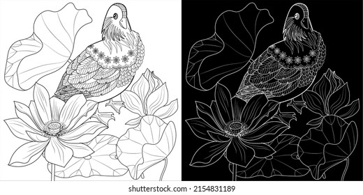 Art therapy coloring page. Birds hand drawn in vintage style with flowers. Asian duck and lilies. The art of linear engraving. Bird concept. Romantic concept.
