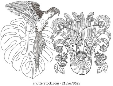 Art therapy coloring page. Birds and flowers hand drawn in vintage style . The art of linear engraving. Bird concept. Romantic concept.
