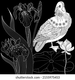 Art therapy coloring page. Birds hand drawn in vintage style with flowers. Asian duck and lilies. The art of linear engraving. Bird concept. Romantic concept.
