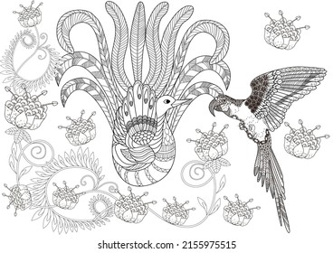 Art therapy coloring page. Birds and flowers hand drawn in vintage style . The art of linear engraving. Bird concept. Romantic concept.
