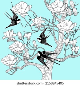 Art therapy coloring page. Birds and flowers hand drawn in vintage style . The art of linear engraving. Bird concept. Romantic concept.
