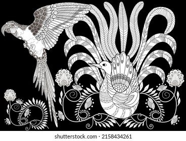 Art therapy coloring page. Birds and flowers hand drawn in vintage style . The art of linear engraving. Bird concept. Romantic concept.
