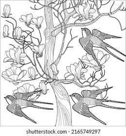 Art therapy coloring page. Birds and flowers hand drawn in vintage style . The art of linear engraving. Romantic concept.
