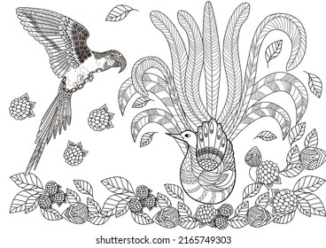 Art therapy coloring page. Birds and flowers hand drawn in vintage style . The art of linear engraving. Romantic concept.
