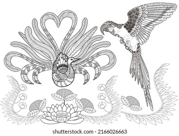 Art therapy coloring page. Birds and flowers hand drawn in vintage style . The art of linear engraving. Romantic concept.
