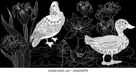 Art therapy coloring page. Birds hand drawn in vintage style with flowers. Ducsk and lilies. The art of linear engraving. Bird concept. Romantic concept.
