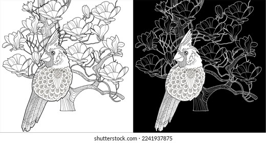 Art therapy coloring page. Birds hand drawn in vintage style with flowers. Waxwing and flowers. The art of linear engraving. Bird concept. Romantic concept. 
