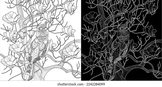 Art therapy coloring page. Birds hand drawn in vintage style with flowers. Waxwing and flowers. The art of linear engraving. Bird concept. Romantic concept. 
