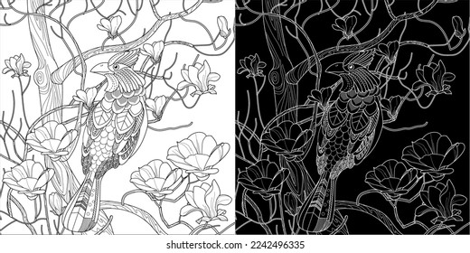 Art therapy coloring page. Birds hand drawn in vintage style with flowers. Waxwing and flowers. The art of linear engraving. Bird concept. Romantic concept. 
