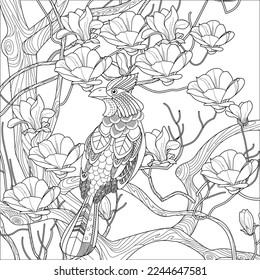 Art therapy coloring page. Birds hand drawn in vintage style with flowers. Waxwing and flowers. The art of linear engraving. Bird concept. Romantic concept. 