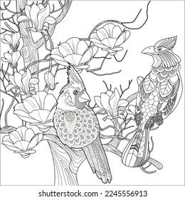 Art therapy coloring page. Birds hand drawn in vintage style with flowers. Waxwing and flowers. The art of linear engraving. Bird concept. Romantic concept. 