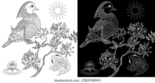 Art therapy coloring page. Birds hand drawn in vintage style with flowers. Asian duck and lilies. The art of linear engraving. Bird concept. Romantic concept.
