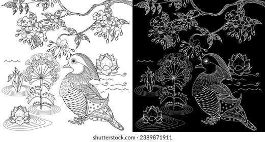 Art therapy coloring page. Birds hand drawn in vintage style with flowers. Asian duck and lilies. The art of linear engraving. Bird concept. Romantic concept.
