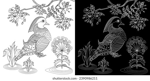 Art therapy coloring page. Birds hand drawn in vintage style with flowers. Asian duck and lilies. The art of linear engraving. Bird concept. Romantic concept.
