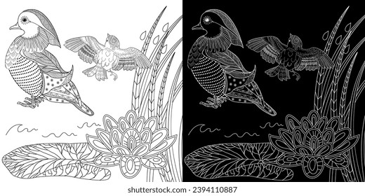 Art therapy coloring page. Birds hand drawn in vintage style with flowers. Asian duck and lilies. The art of linear engraving. Bird concept. Romantic concept.
