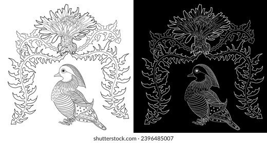 Art therapy coloring page. Birds hand drawn in vintage style with flowers. Asian duck and lilies. The art of linear engraving. Bird concept. Romantic concept.
