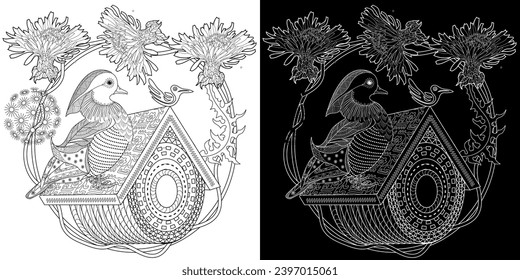 Art therapy coloring page. Birds hand drawn in vintage style with flowers. Asian duck and lilies. The art of linear engraving. Bird concept. Romantic concept.
