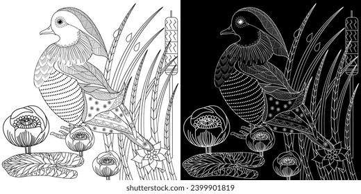 Art therapy coloring page. Birds hand drawn in vintage style with flowers. Asian duck and lilies. The art of linear engraving. Bird concept. Romantic concept.
