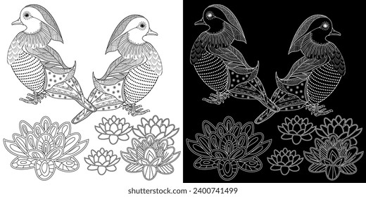 Art therapy coloring page. Birds hand drawn in vintage style with flowers. Asian duck and lilies. The art of linear engraving. Bird concept. Romantic concept.

