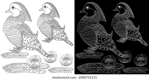 Art therapy coloring page. Birds hand drawn in vintage style with flowers. Asian duck and lilies. The art of linear engraving. Bird concept. Romantic concept.
