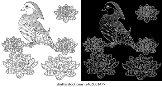 Art therapy coloring page. Birds hand drawn in vintage style with flowers. Asian duck and lilies. The art of linear engraving. Bird concept. Romantic concept.
