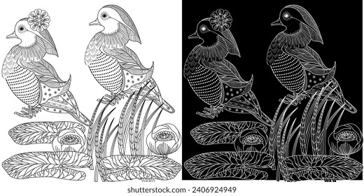 Art therapy coloring page. Birds hand drawn in vintage style with flowers. Asian duck and lilies. The art of linear engraving. Bird concept. Romantic concept.
