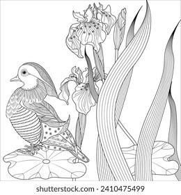 Art therapy coloring page. Birds hand drawn in vintage style with flowers. Asian duck and lilies. The art of linear engraving. Bird concept. Romantic concept.
