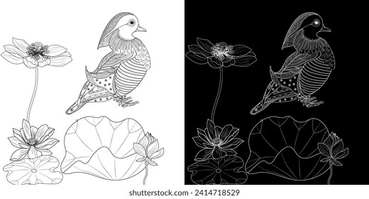 Art therapy coloring page. Birds hand drawn in vintage style with flowers. Asian duck and lilies. The art of linear engraving. Bird concept. Romantic concept.
